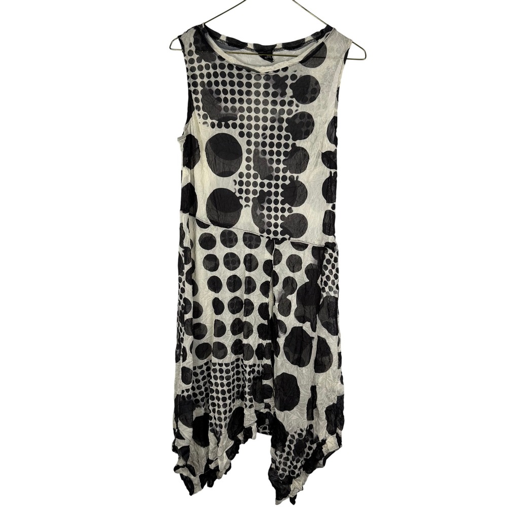 Lisa Bayne Artsy Lagenlook Handkerchief Hem Midi Dress Black White Sheer